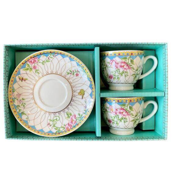 Grace Teaware Fine Porcelain Floral Espresso Cups & Saucers Gift Box Set New - Picture 1 of 10